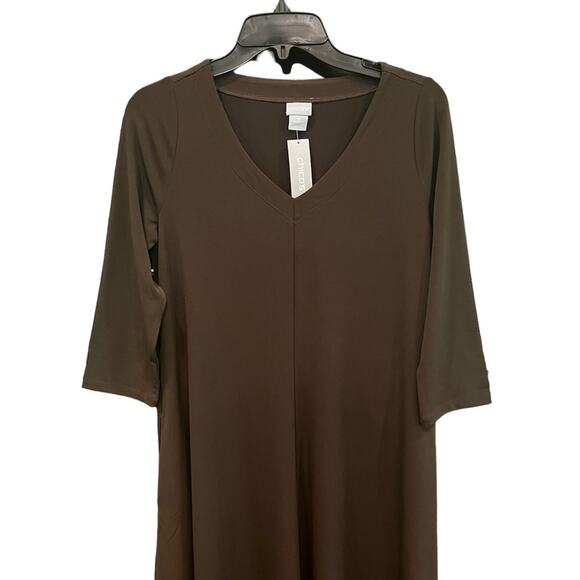 Chico’s Chocolate Brown Stretch Knit Midi Dress V-Neck 3/4 Sleeve Travel Women’s - Picture 3 of 12